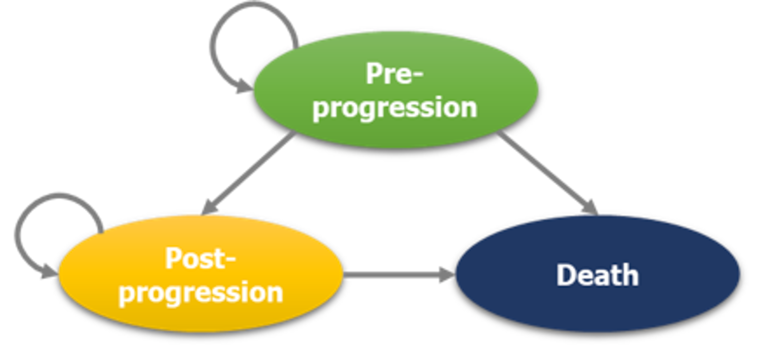 The sponsor submitted a partitioned survival model consisting of 3 mutually exclusive health states: pre-progression, post-progression, and death. All patients entered the model with stable disease in the pre-progression state after receipt of treatment. Patients transitioning to the death state remained there until the end of the model time horizon.