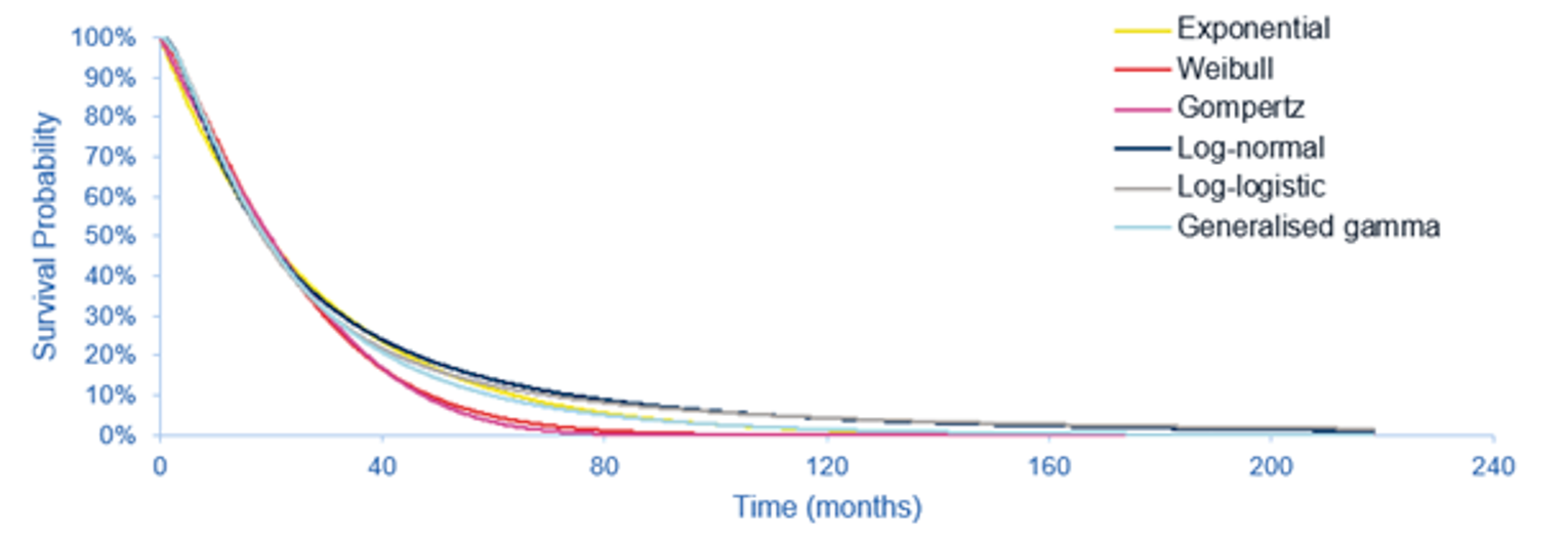 The figure below outlines the proportion of the cohort alive at a given point in time. The various different curve outline different parametric survival functions fit to the survival data from the trial.