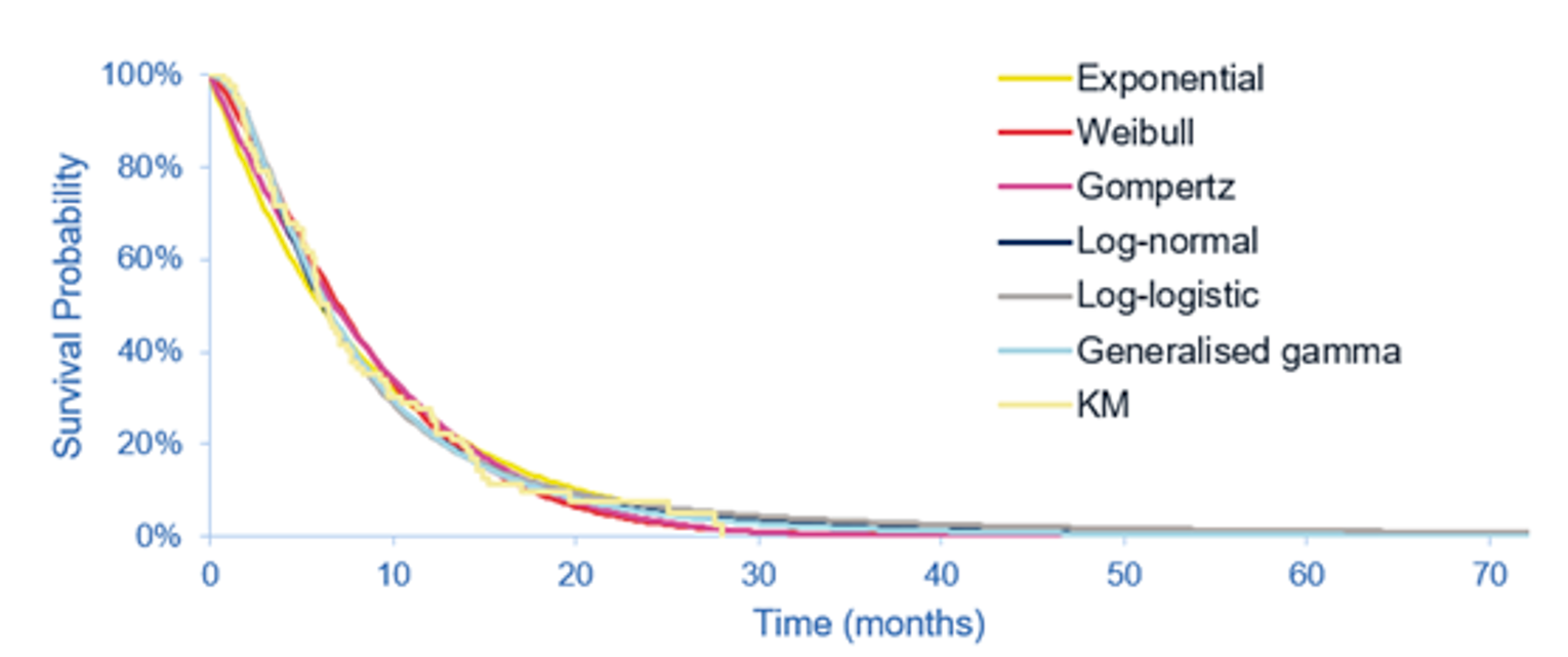 The figure below outlines the proportion of the cohort progression alive at a given point in time. The different curves outline different parametric survival functions fit to the survival data from the trial.