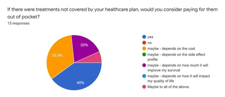 Pie chart of responses (n = 15) to the question “If there were treatments not covered by your health care plan, would you consider paying from them out of pocket?” Responses were yes (40%), maybe, depends on the cost (33.3%), maybe, depends on how much it will improve my survival (20%), among others.