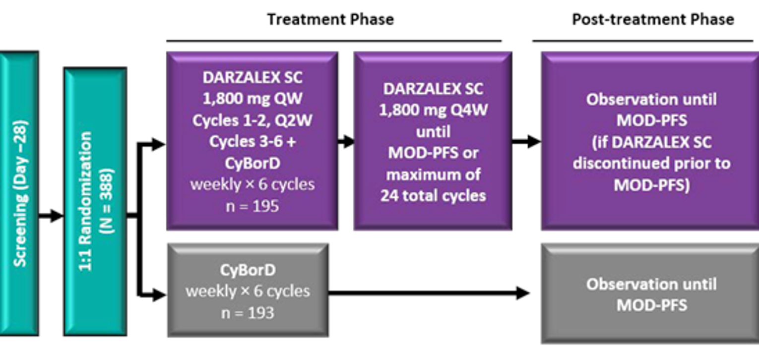 Figure shows phases of the ANDROMEDA trial where patients were randomized 1:1 to receive DCyBorD or CyBorD alone. Patients randomized to the DCyBorD arm continued to receive daratumumab monotherapy until MOD-PFS or a maximum of 24 cycles. The post-treatment phase involved observation until MOD-PFS.
