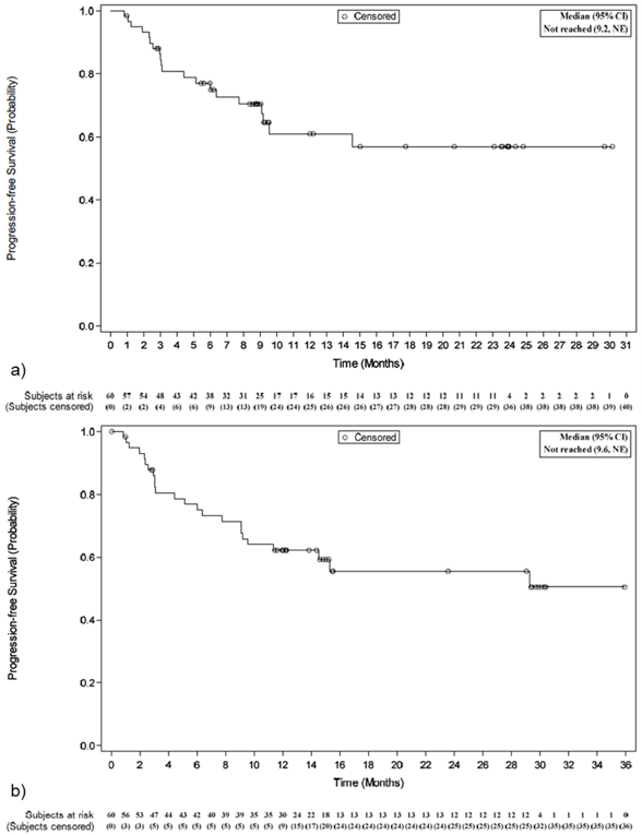 Kaplan–Meier plot of PFS in July 2019 and December 2019 data cutoffs in the IAS of the ZUMA-2 study. Kaplan–Meier estimate of median was not reached at either data cutoff.