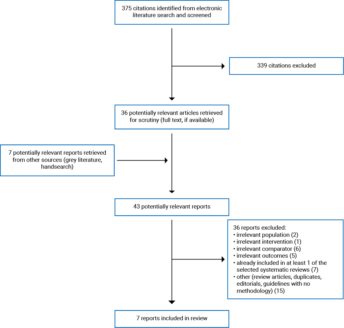 Alt text: The electronic literature search identified 375 citations. After screening, 339 were excluded and 36 were considered potentially relevant. Another 7 reports were retrieved from other sources. Of the 43 potentially relevant reports, 36 were excluded and 7 were included in this report.