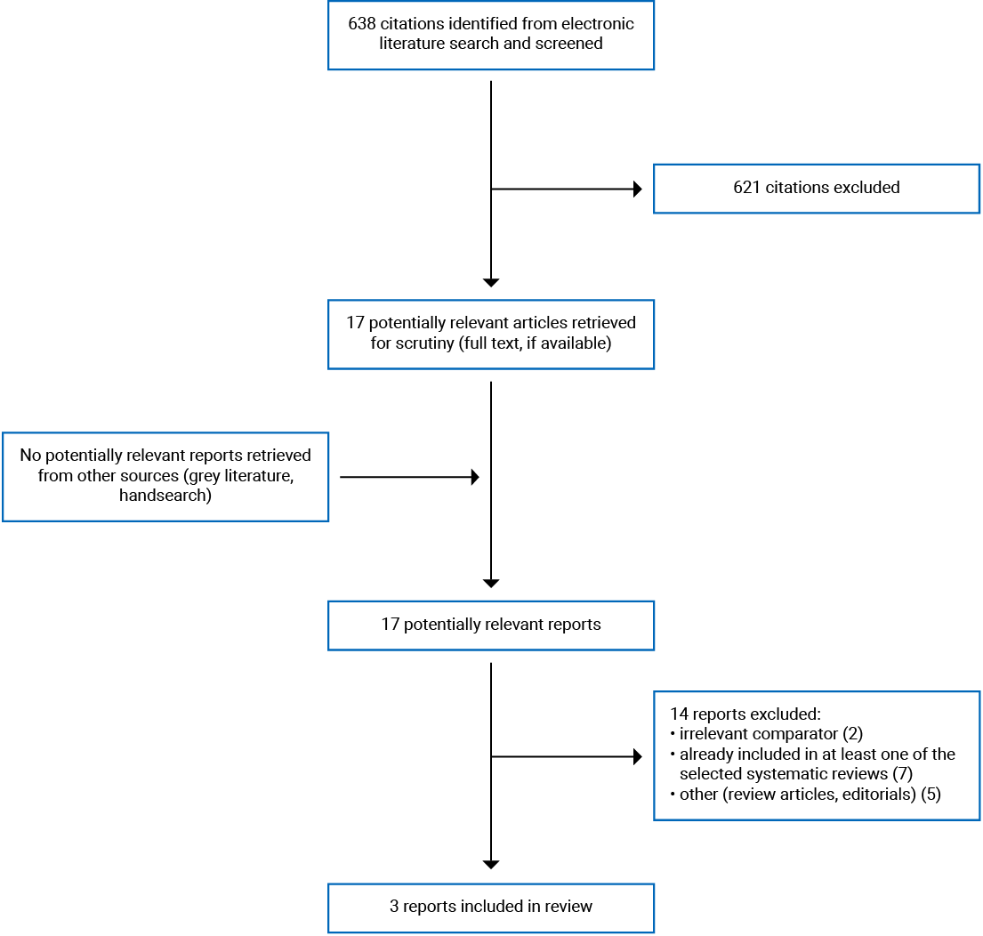 638 citations were identified and 621 were excluded. No electronic literature or grey literature potentially relevant full-text reports were retrieved for scrutiny. In total 3 reports are included in the review.