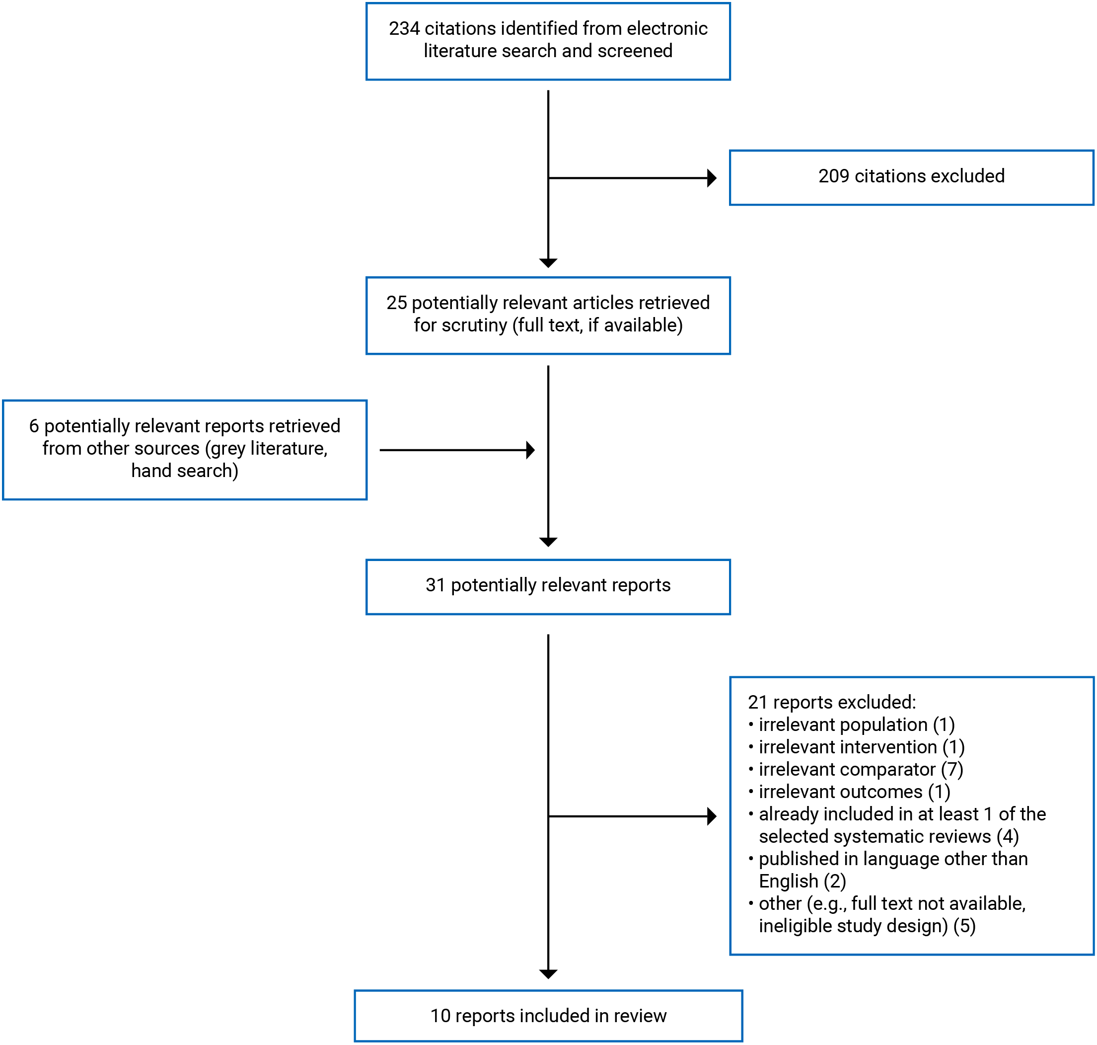 A total of 234 citations were identified, 209 were excluded, while 25 electronic literature and 6 grey literature potentially relevant full-text reports were retrieved for scrutiny. In total, 10 reports are included in the review