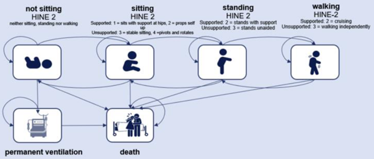 A diagram of the pharmacoeconomic model for SMA type I, with health states depicting “not sitting,” “sitting,” “standing,” “walking,” “permanent ventilation,” and “death,” and arrows describing the paths between health states.