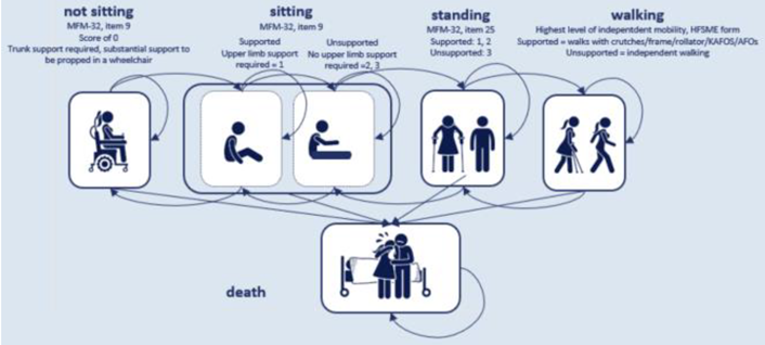 A diagram of the pharmacoeconomic model for SMA type II or type III, with health states depicting “not sitting,” “sitting,” “standing,” “walking,” “permanent ventilation,” and “death,” and arrows describing the paths between health states.
