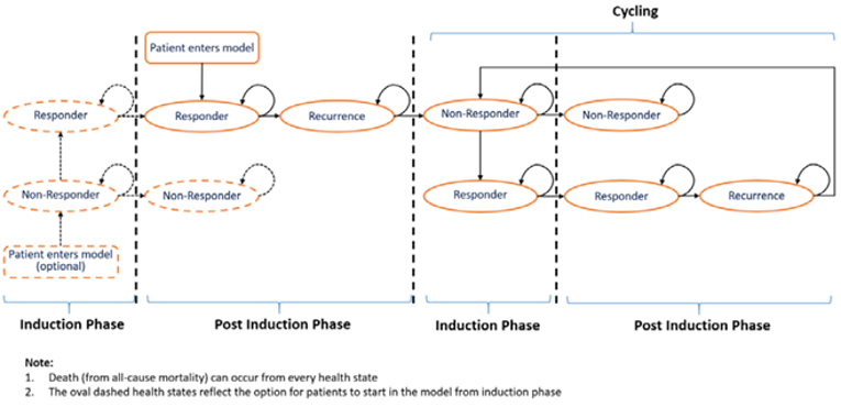 The figure denotes the model structure, including initial and subsequent induction and post-induction phases. Patients could respond or not. If they didn’t initially respond, they could not later respond. If they initially respond, patients can continue to respond until they experience a recurrence. After which, they can be retreated and respond or not, starting the process again.]