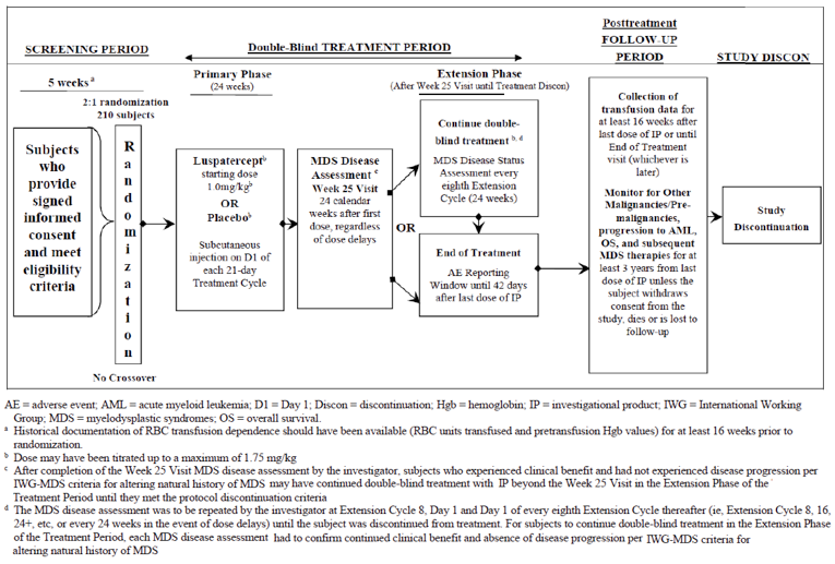 A flow chart showing the various stages of the study, starting with screening period of 5 weeks, then a double-blind treatment period of 14 weeks, and finally a follow-up period of at least 16 weeks upon which the study is discontinued.